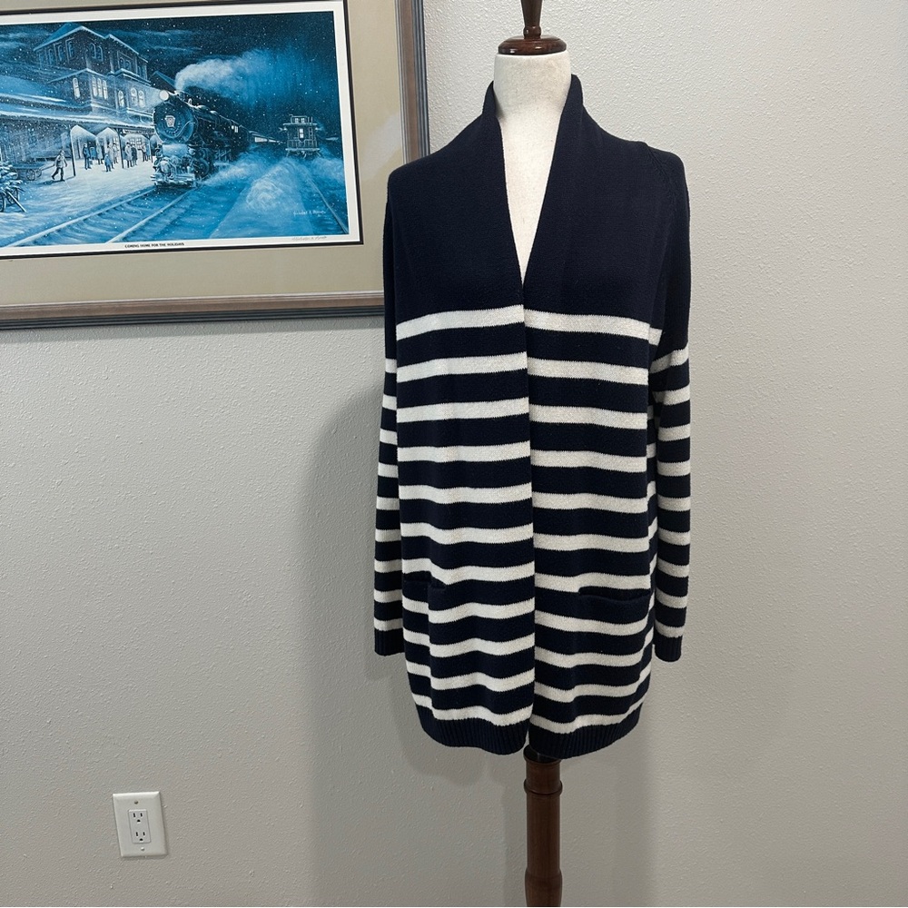 Talbots Navy and White Striped Women's Sweater Coat